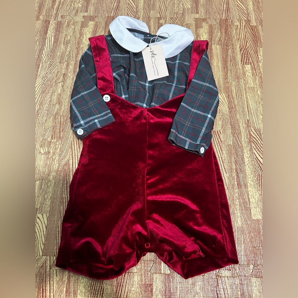 Red Velvet Baby Suspenders with Plaid Shirt
